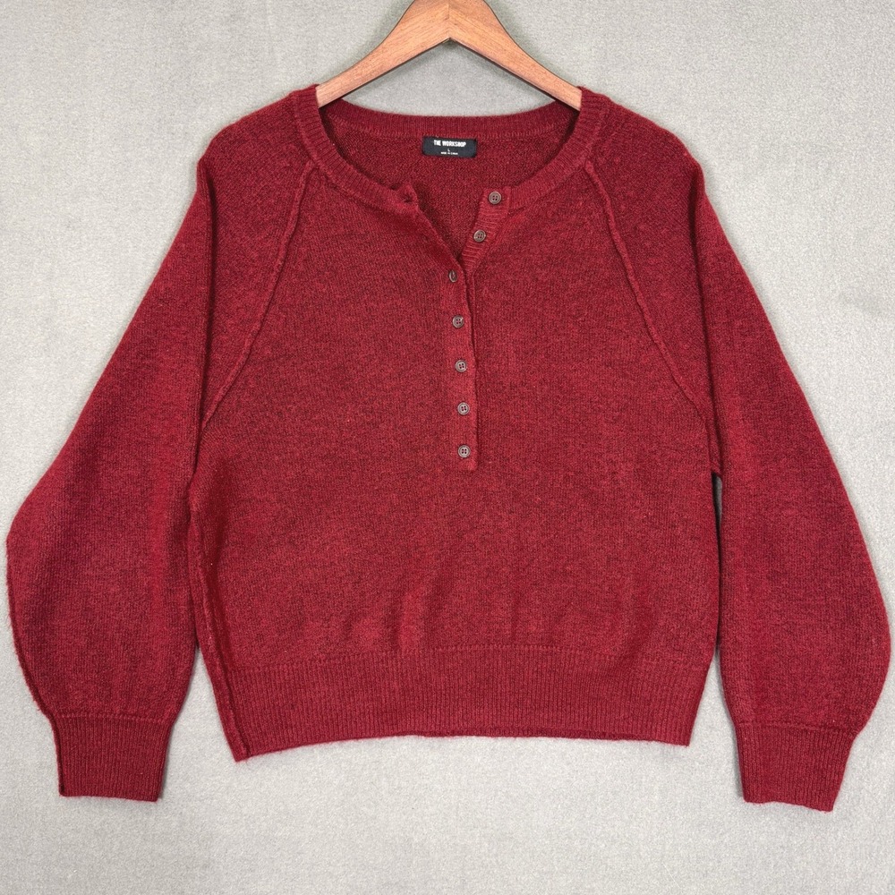 The Workshop Henley Sweater Women L Red Marled Knit Long Sleeve Casual Pullover